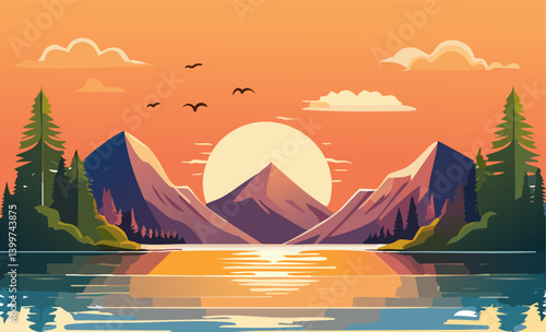 Illustration of Vibrant Mountain Landscape with Sunset and Evergreen Trees