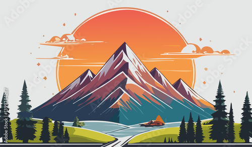 Illustration of Vibrant Mountain Landscape with Sunset and Evergreen Trees