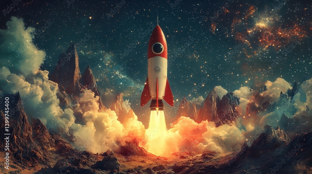 Naklejka premium Red rocket launching amidst stars and clouds in mystical space landscape