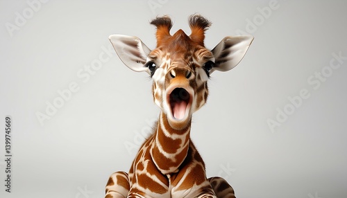 Clumsy Baby Giraffe Sitting and Yawning Adorably in a Studio Setting