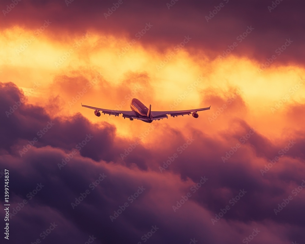 Golden hour flight above vibrant orange and purple clouds Golden hour flight above vibrant orange and purple clouds