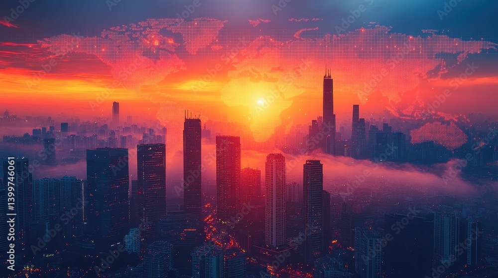 Fototapeta premium Futuristic cityscape at sunset with digital world map overlay