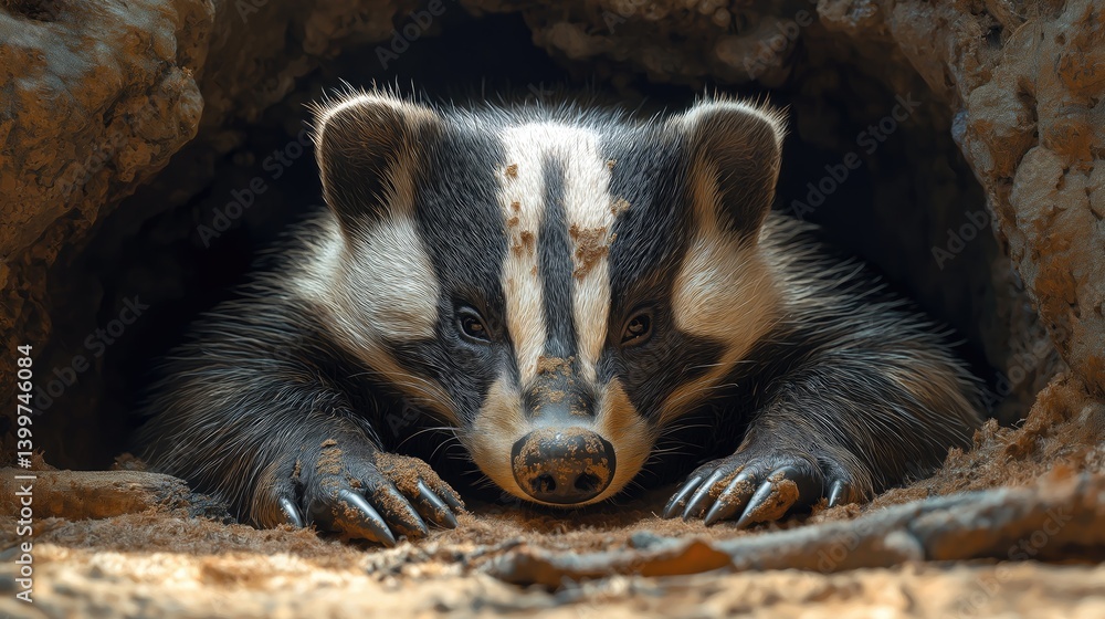 Obraz premium Badger emerging from burrow. Close-up view of badger's face and front paws. Dark cave entrance