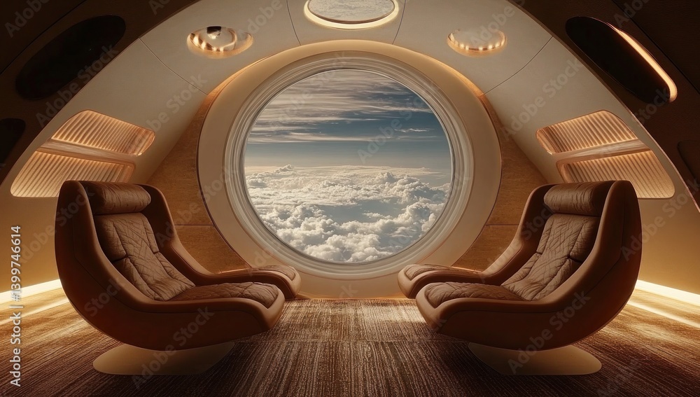 Fototapeta premium Futuristic Airplane Lounge: Cloud Views from Luxurious Seating