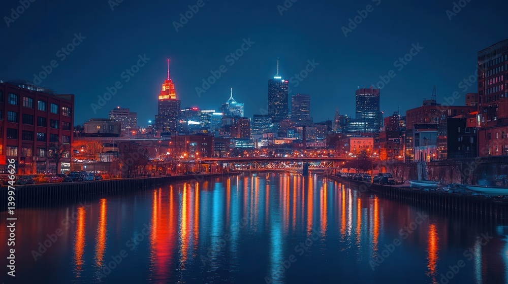 Vivid night skyline reflections in urban river with illuminated architecture Vivid night skyline reflections in urban river with illuminated architecture