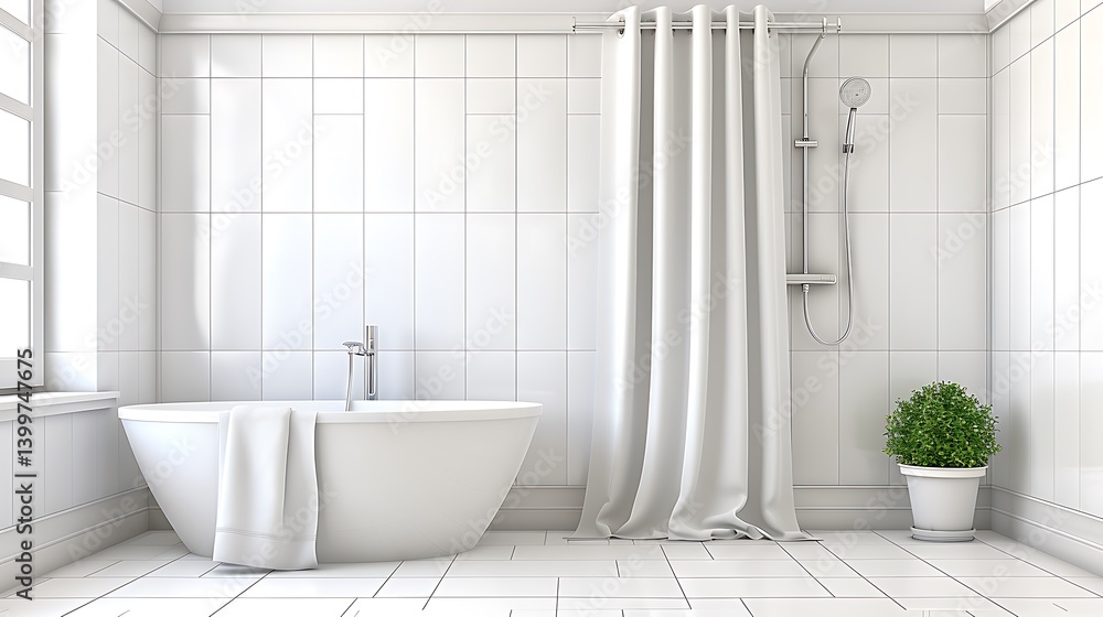 A modern, minimalist white bathroom with a soaking tub and shower. A modern, minimalist white bathroom with a soaking tub and shower.