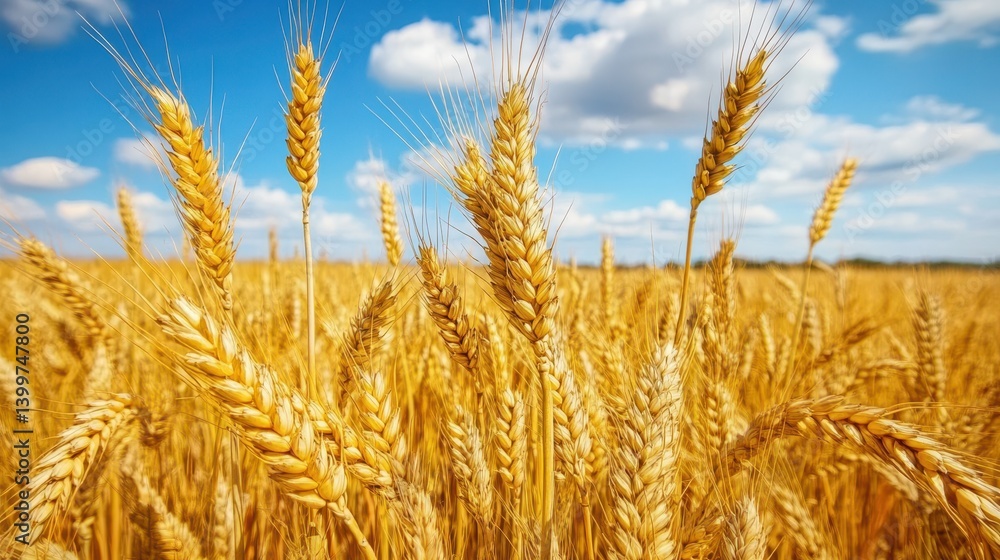 Golden wheat field under blue sky with clouds in rural landscape Golden wheat field under blue sky with clouds in rural landscape