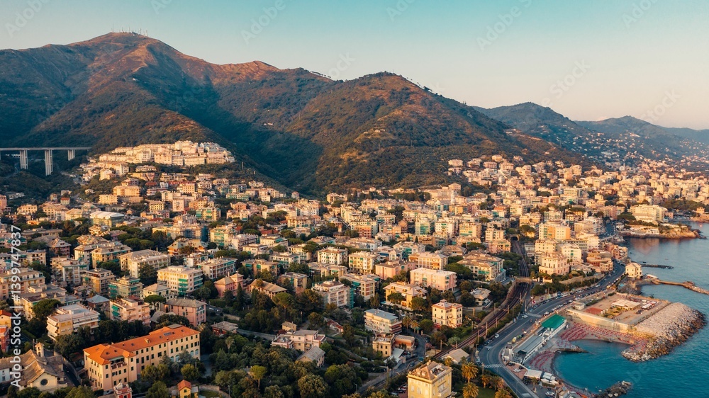 Fototapeta premium Aerial view of Genoa, Italy at sunset.