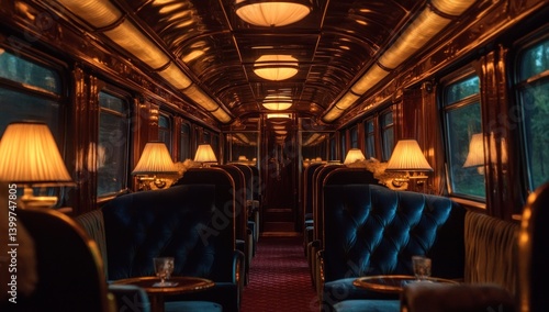 Luxury Train Interior: Opulent Carriage with Plush Seating and Warm Lighting