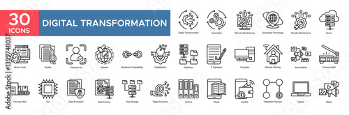 Digital Transformation collection set. Digital Transformation, Automation , Social Media, Digitalsation, Database, Saerver , Remote Maintenance, Digital Economy, icon. Simple flat vector illustration