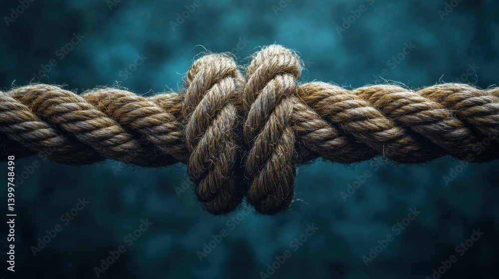 Close-up of thick rope with tied knot on dark blue background Close-up of thick rope with tied knot on dark blue background