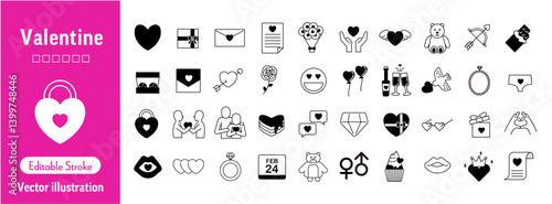 バレンタイン アイコン ベクターセット 素材集 (ハート/ギフト/カップル/かわいい/ポップ/ロマンチック/編集可能) 