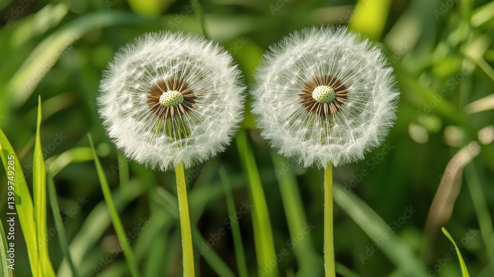 Fototapeta premium Close-up of two dandelion seed heads in green field