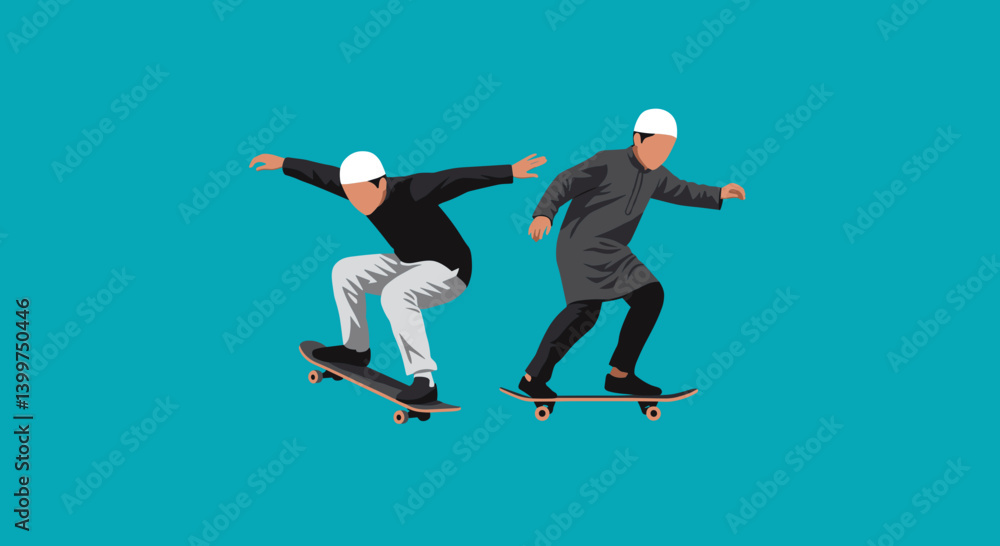 Two Men in Casual Outfits Skateboarding on Teal Background with Pixelated Vector Style Two Men in Casual Outfits Skateboarding on Teal Background with Pixelated Vector Style