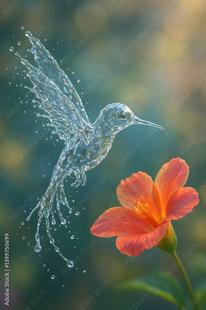 Fototapeta premium Water Droplet Hummingbird Hovering by Flower – Fantasy Nature Art