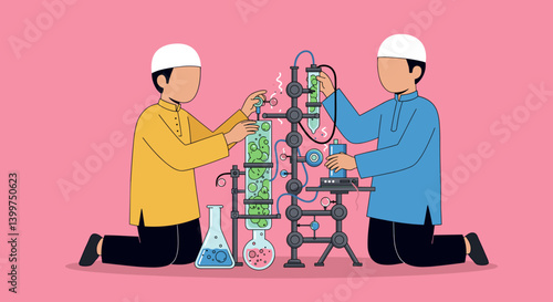 Two men in white caps conducting science experiment with lab equipment against a pink background