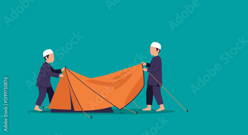 Two Men Setting Up Orange Tent Pixelated Style Against Teal Background Outdoor Adventure Activity