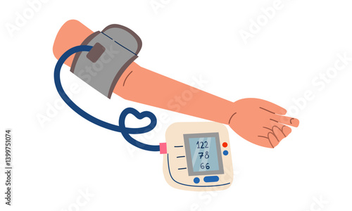 High Blood Pressure Concept. Patient Checking Arterial Blood Pressure With Digital Device Tonometer stock illustration isolate on white
