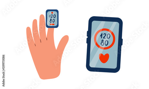 A set of devices for cardiovascular system. blood pressure monitor. Smartphone applications. Pulse oximeter. Medical equipment. Hand drawn vector illustration isolate on white .