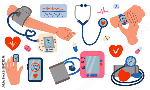 Heart health concept set. Collection of people check and monitor blood pressure range, oxygen level, pulse with smartwatch, pulse oximeter and other medical devices. Vector illustration isolate