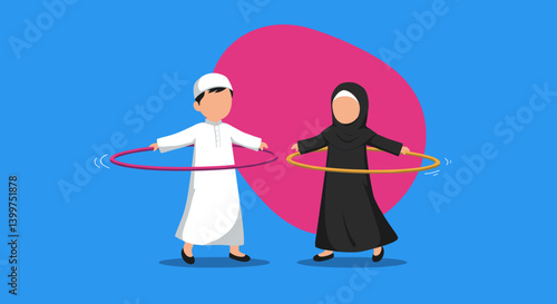 Two Pixelated Children Play Hula Hoop Wearing Traditional Muslim Attire Against Blue And Pink Backdrop