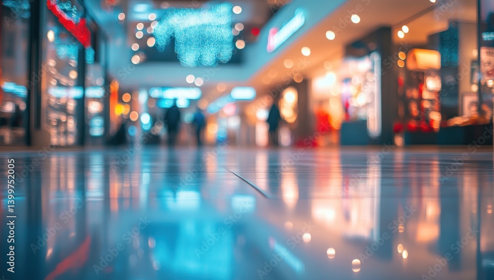 Reflective Mall Floor, Blurred Lights and Shops Reflective Mall Floor, Blurred Lights and Shops