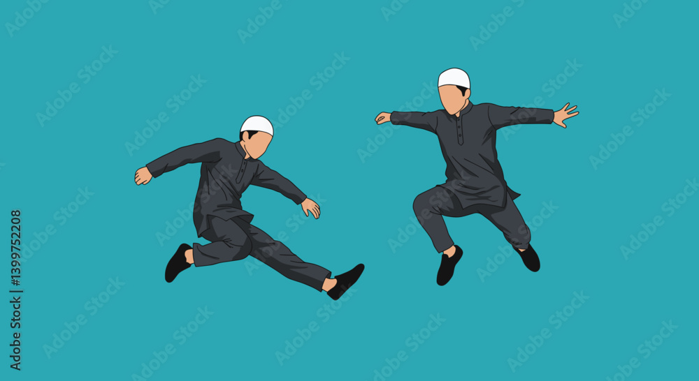 Two Pixelated Men Jumping In Vector Style Isolated On Blue Background Representing Action And Freedom Two Pixelated Men Jumping In Vector Style Isolated On Blue Background Representing Action And Freedom