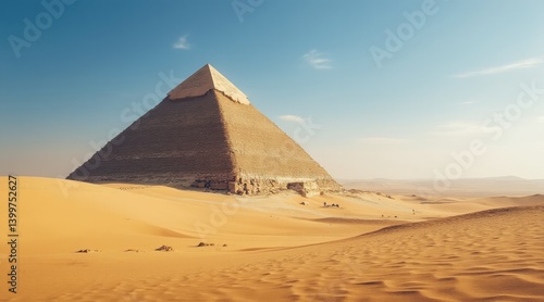Ancient pyramid in a vast desert landscape under a clear sky