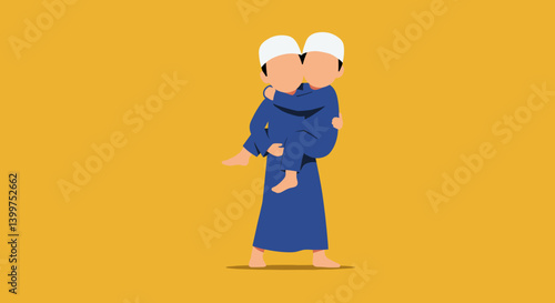 Two Young Boys Wearing White Caps in Blue Attire on Yellow Background Vector Illustration