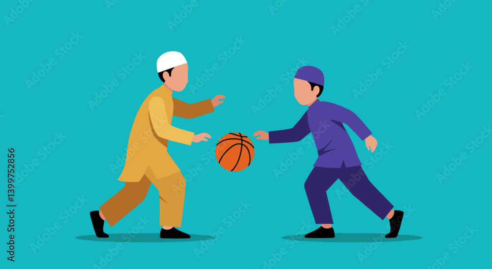 Two Young Men Playing Basketball Wearing Religious Attire Against Blue Background with Pixelated Style Two Young Men Playing Basketball Wearing Religious Attire Against Blue Background with Pixelated Style