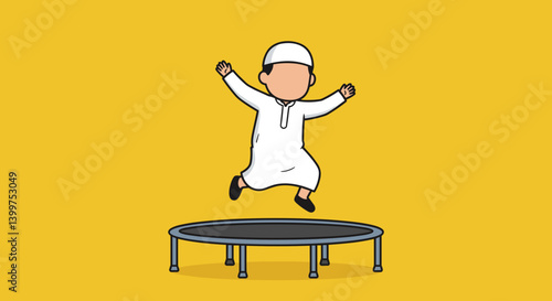 Vector Illustration Of A Happy Muslim Boy Jumping On A Black Trampoline Over A Yellow Background