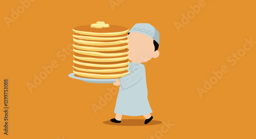 Vector Illustration Of A Man Holding Pancakes With Butter On Plate Against Orange Background