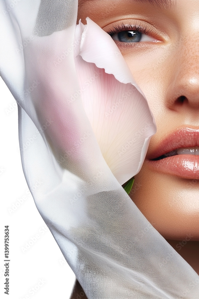 Close-up beauty shot of Caucasian model's face half-covered with white veil and pink rose