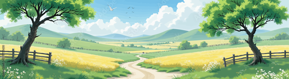 Rolling Hills Landscape with Dirt Road and Birds Flying