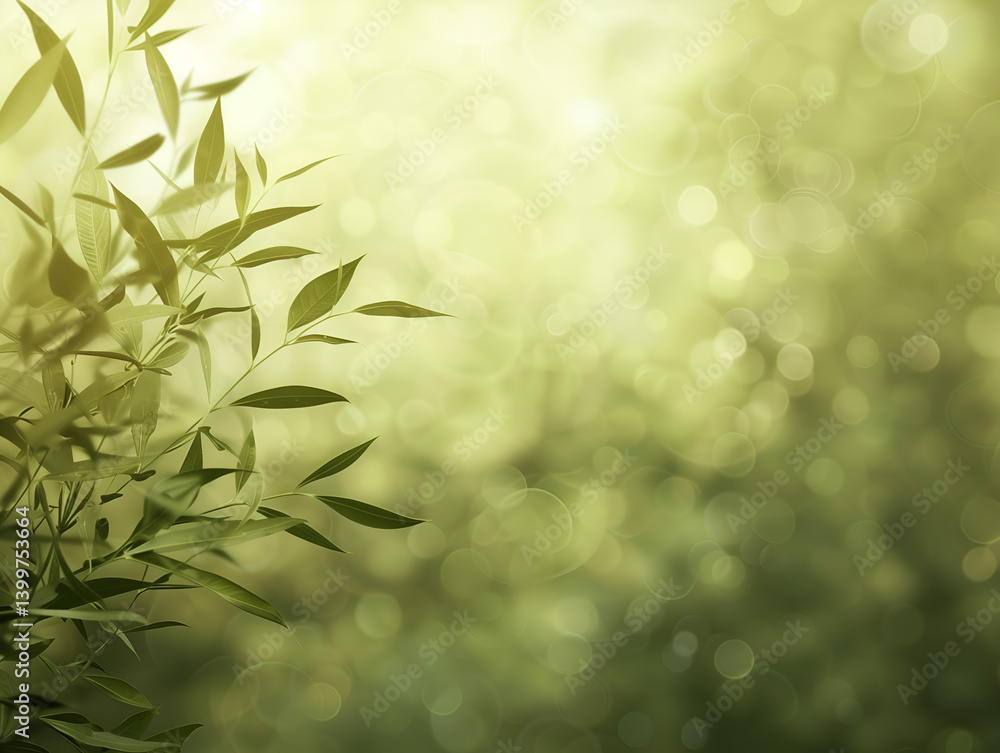 Dreamy green nature background with bokeh and bamboo.