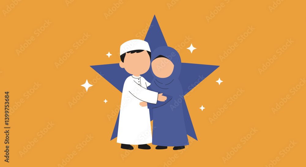 Vector Illustration Of A Muslim Couple Embracing Before A Starry Background In Orange And Blue Colors Vector Illustration Of A Muslim Couple Embracing Before A Starry Background In Orange And Blue Colors