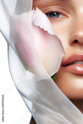 Obraz na płótnie Close-up beauty shot of Caucasian model's face half-covered with white veil and pink rose w salonie