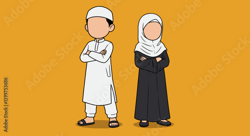 Vector Illustration of a Muslim Couple in Pixel Art Style with White and Black Attire on an Orange Background