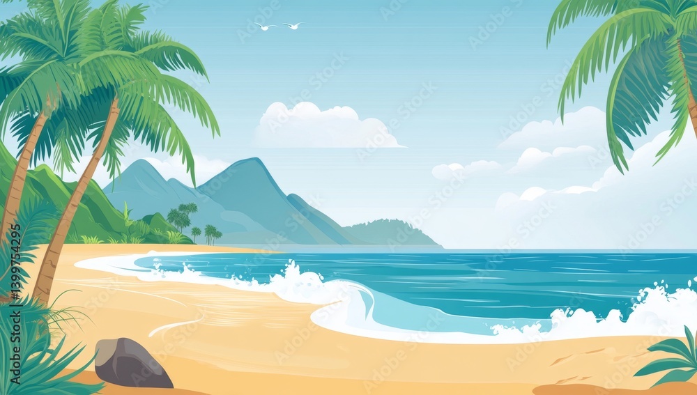 Fototapeta premium Tropical beach scene with palm trees, mountains, and ocean waves