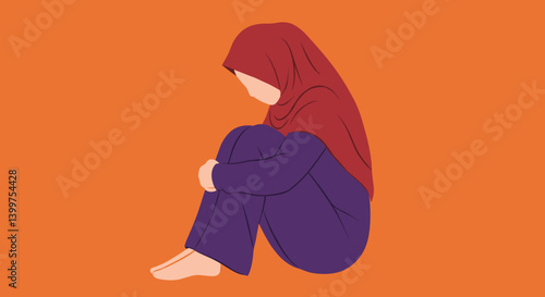 Vector Illustration of a Sad Muslim Woman Sitting on an Orange Background Wearing Burgundy Hijab and Purple Trousers
