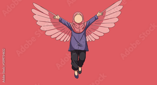 Vector Illustration Of A Woman With Wings In A Headscarf And Black Pants On A Pink Background