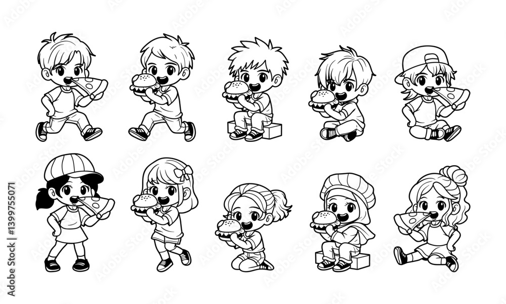 Kids eating pizza and burger vector illustration set Kids eating pizza and burger vector illustration set