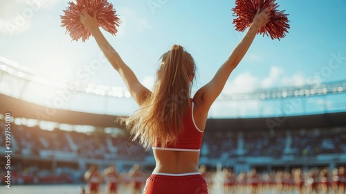 A cheerleader cheers excitedly at a crowded outdoor stadium
