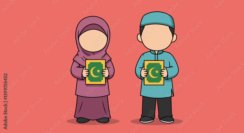 Obraz premium Vector Illustration of Muslim Boy and Girl Holding Quran Books in Pixel Art Style with Red Background