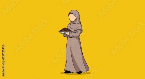 Vector Illustration of Moslem Woman Wearing Traditional Attire on a Yellow Background with Pixelated Effect