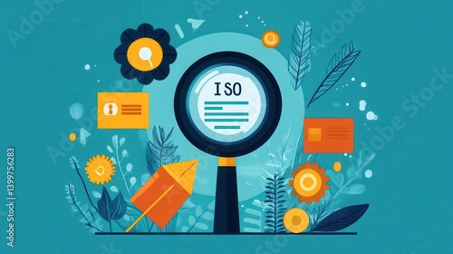 Abstract conceptual image of iso with magnifying glass and technological elements