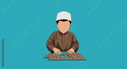 Young Boy In Brown Attire Wearing White Skullcap Sitting At Table Reading Book With Teal Background