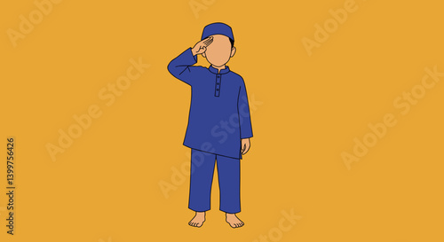 Young Moslem Boy in Blue Uniform Saluting Against Orange Background in Vector Style