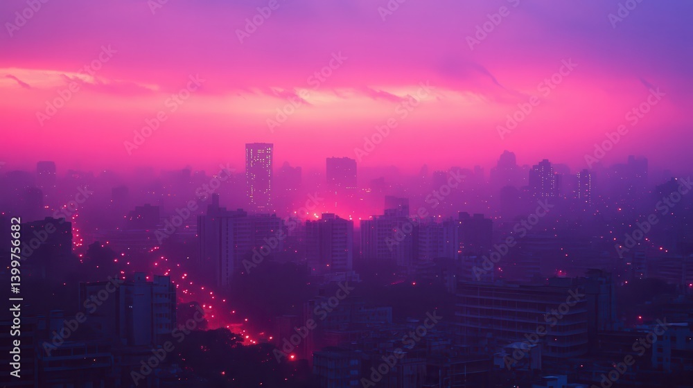 Obraz premium Vibrant purple and pink cityscape at sunset with illuminated skyline and hazy atmosphere