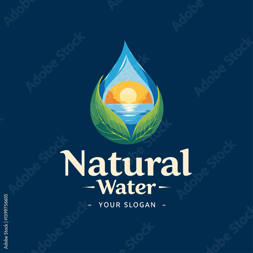 Natural Water Logo with Sunset and Leaf Design